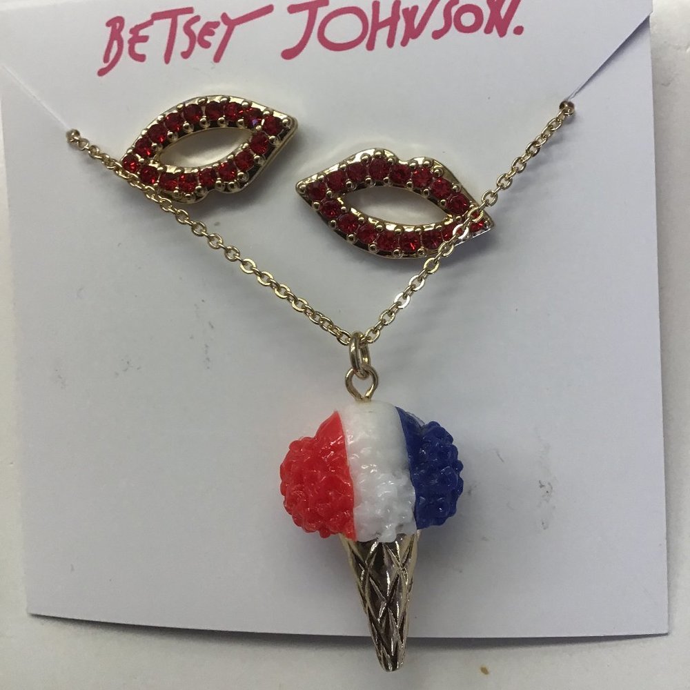 Betsey Johnson New Red Lip Earrings and Red, White, and Blue Snow Cone Necklace
